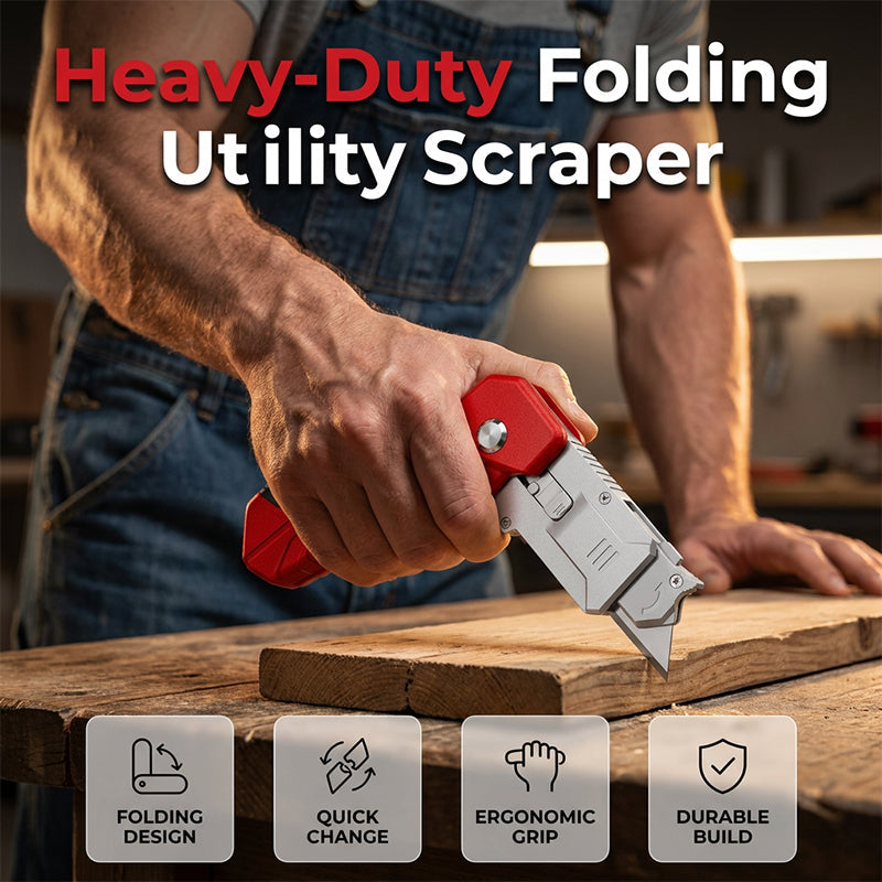 ✅ Multi-Functional Heavy Duty Scraper（sharp blade【likely reversible/replaceable】· heavy-duty ergo non-slip handle · multi-use: paint/caulk/adhesive/stickers/wallpaper/baked trays · extra blades or dual-head【PDP confirm】· pegboard hang-hole）