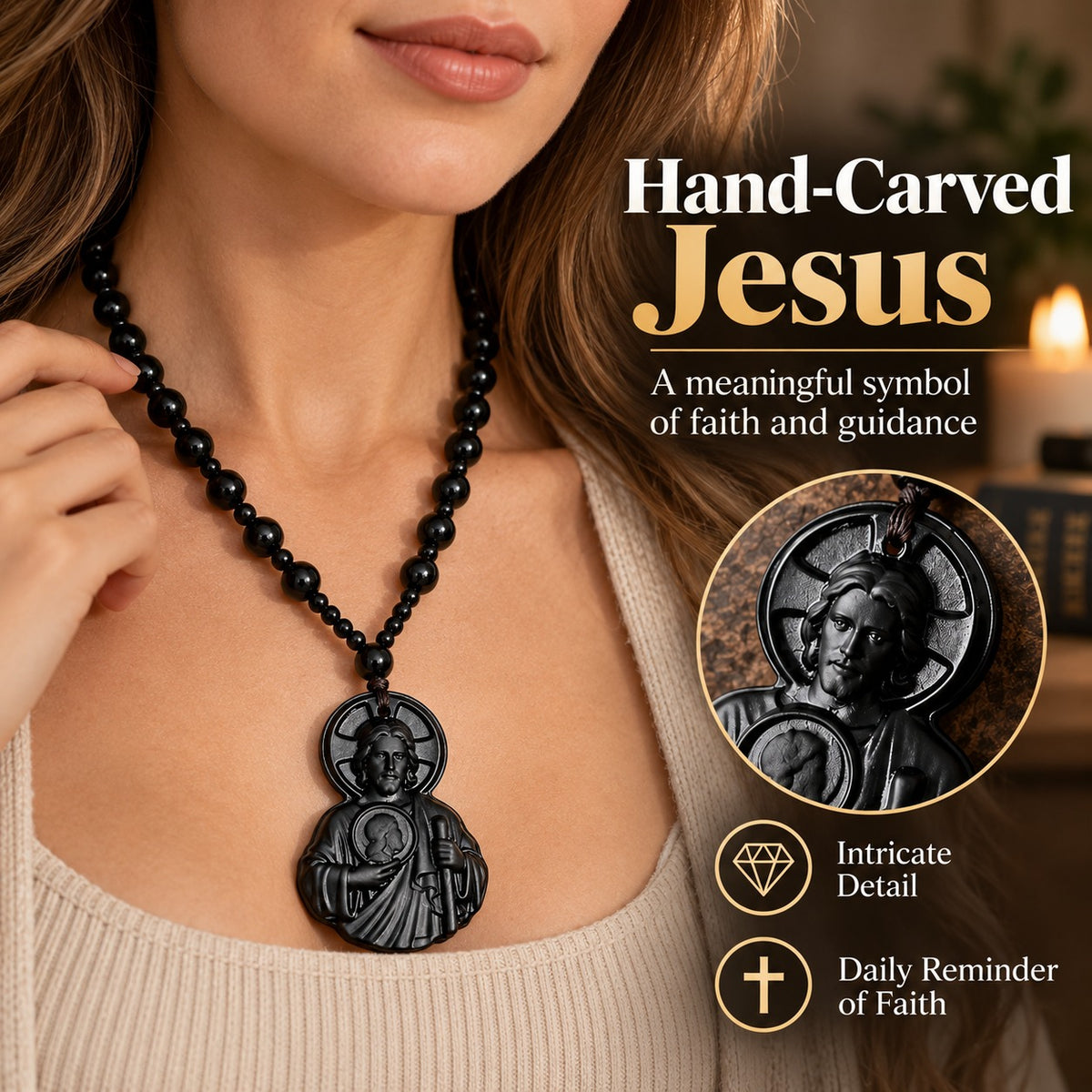 Divine Grace Jesus Black Beaded Necklace – Christian Faith Pendant