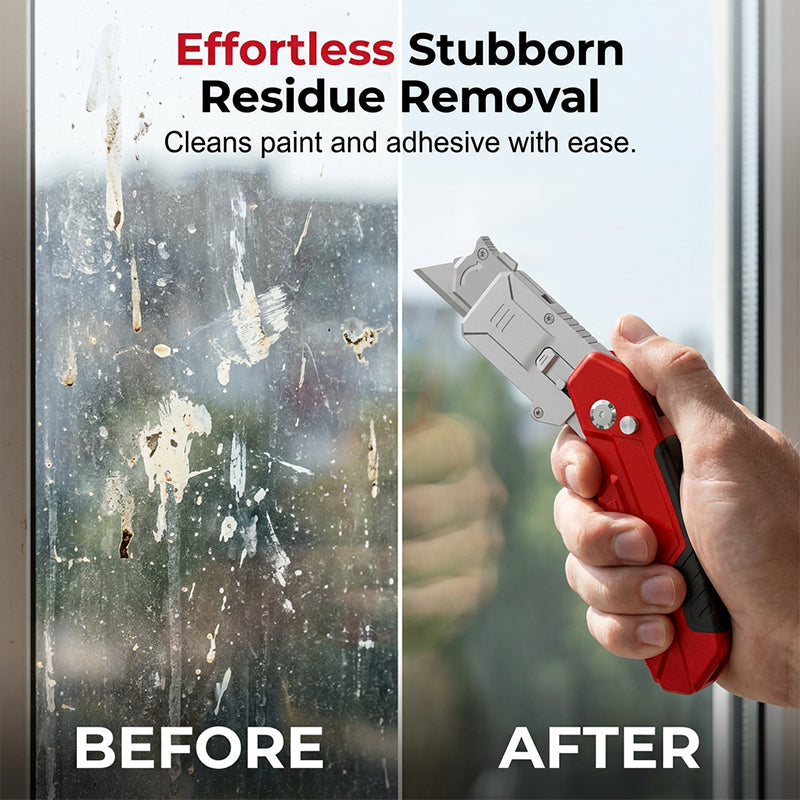 ✅ Multi-Functional Heavy Duty Scraper（sharp blade【likely reversible/replaceable】· heavy-duty ergo non-slip handle · multi-use: paint/caulk/adhesive/stickers/wallpaper/baked trays · extra blades or dual-head【PDP confirm】· pegboard hang-hole）
