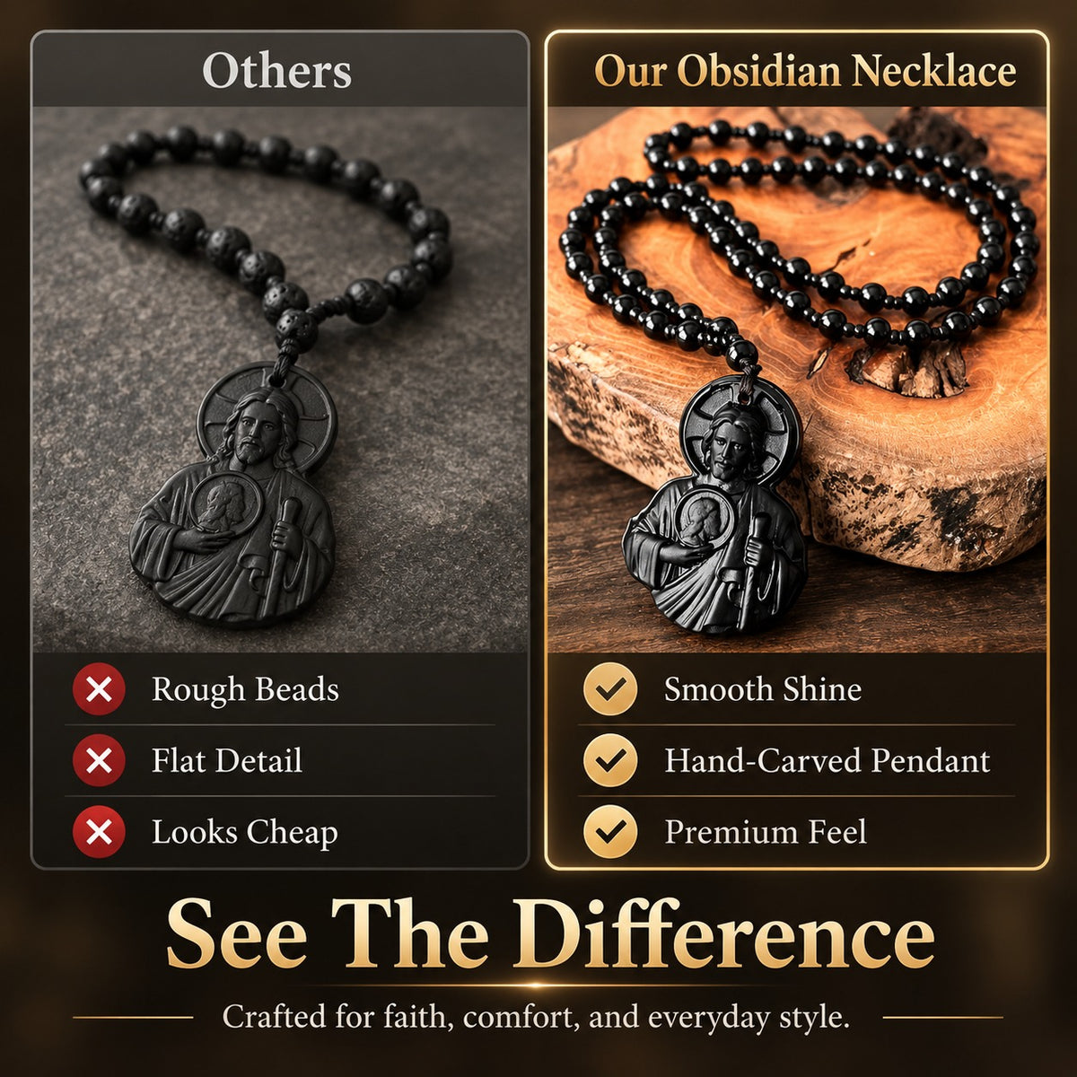 Divine Grace Jesus Black Beaded Necklace – Christian Faith Pendant