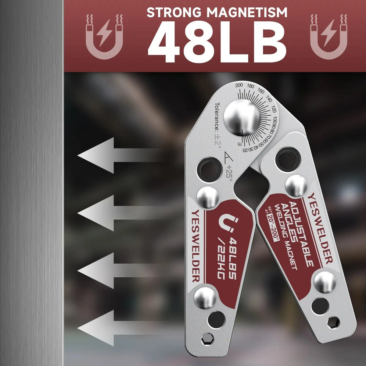 48 pound adjustable welding magnet gripping a steel surface