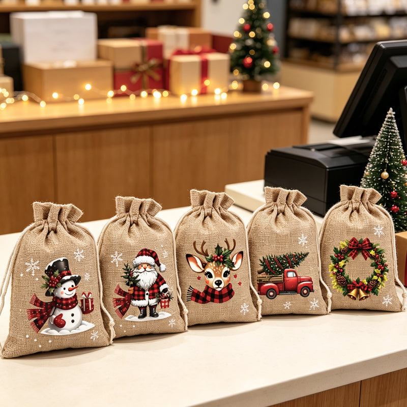 Assorted Christmas drawstring bags featuring snowman Santa reindeer truck and wreath artwork