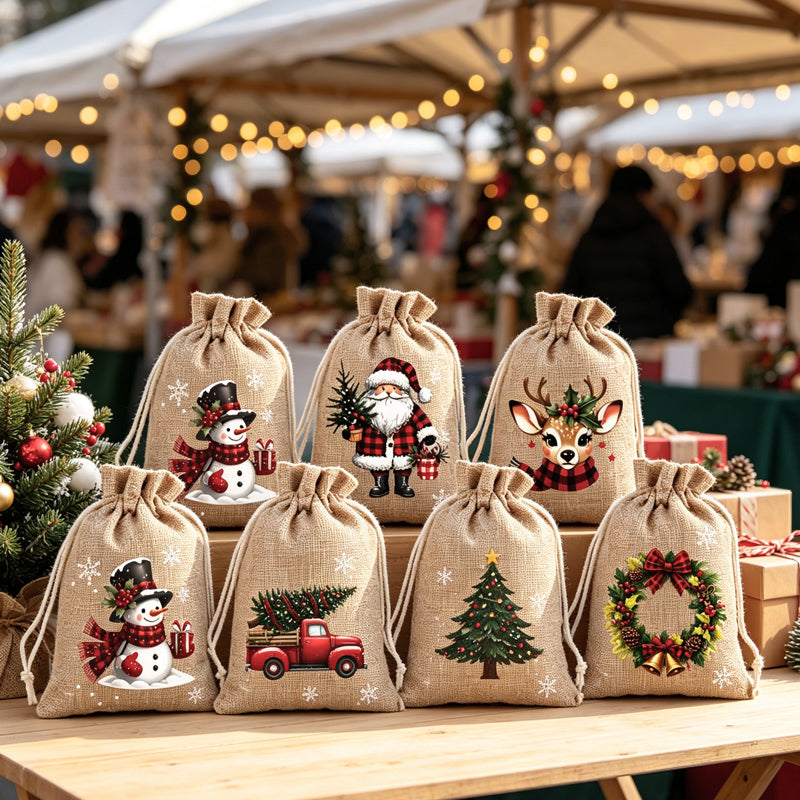 Festive Christmas drawstring gift bags ready for small presents and treats