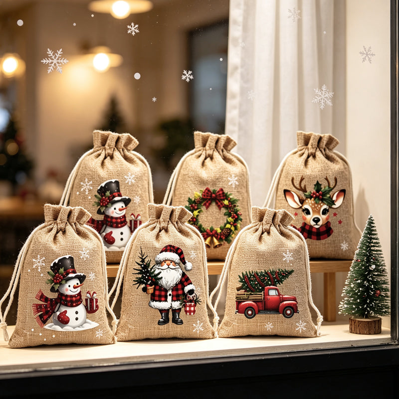Christmas gift bags arranged as part of a festive window display