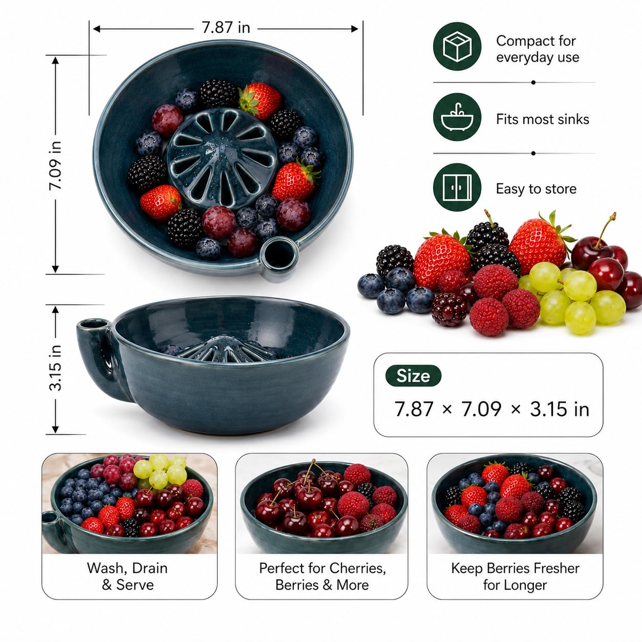 Berry Swirl Bowl™ — Handmade Ceramic Berry Washer & Serving Bowl