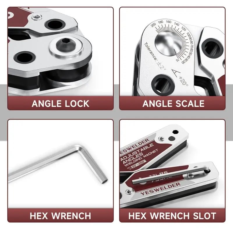 Detail view of welding magnet angle lock, angle scale, hex wrench and wrench storage